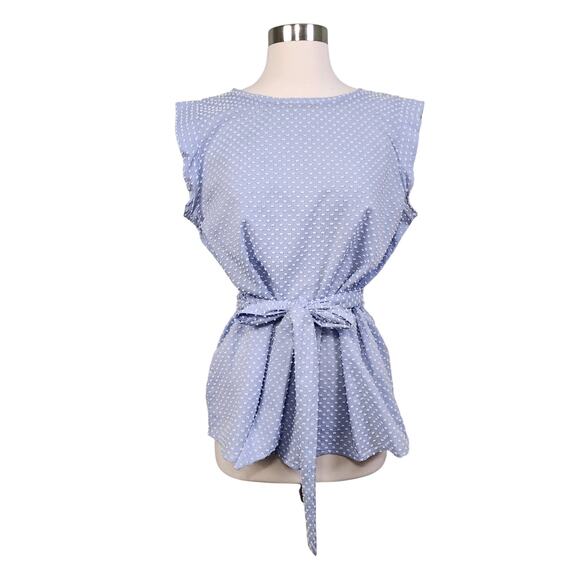 LOFT Womens Swiss Dot Tie Waist Blouse Size Medium Blue White Cotton Lagenlook - Picture 2 of 9